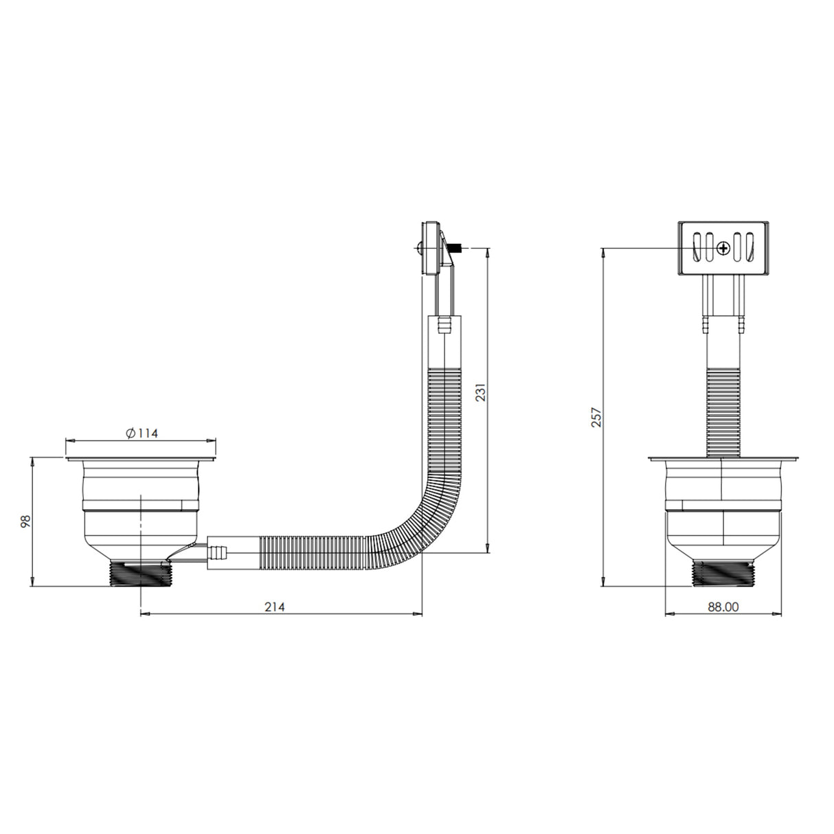 Modern Round Kitchen Sink Strainer Waste with Overflow, Top Fix Installation - 231 x 114 x 214mm, Choice of Colour