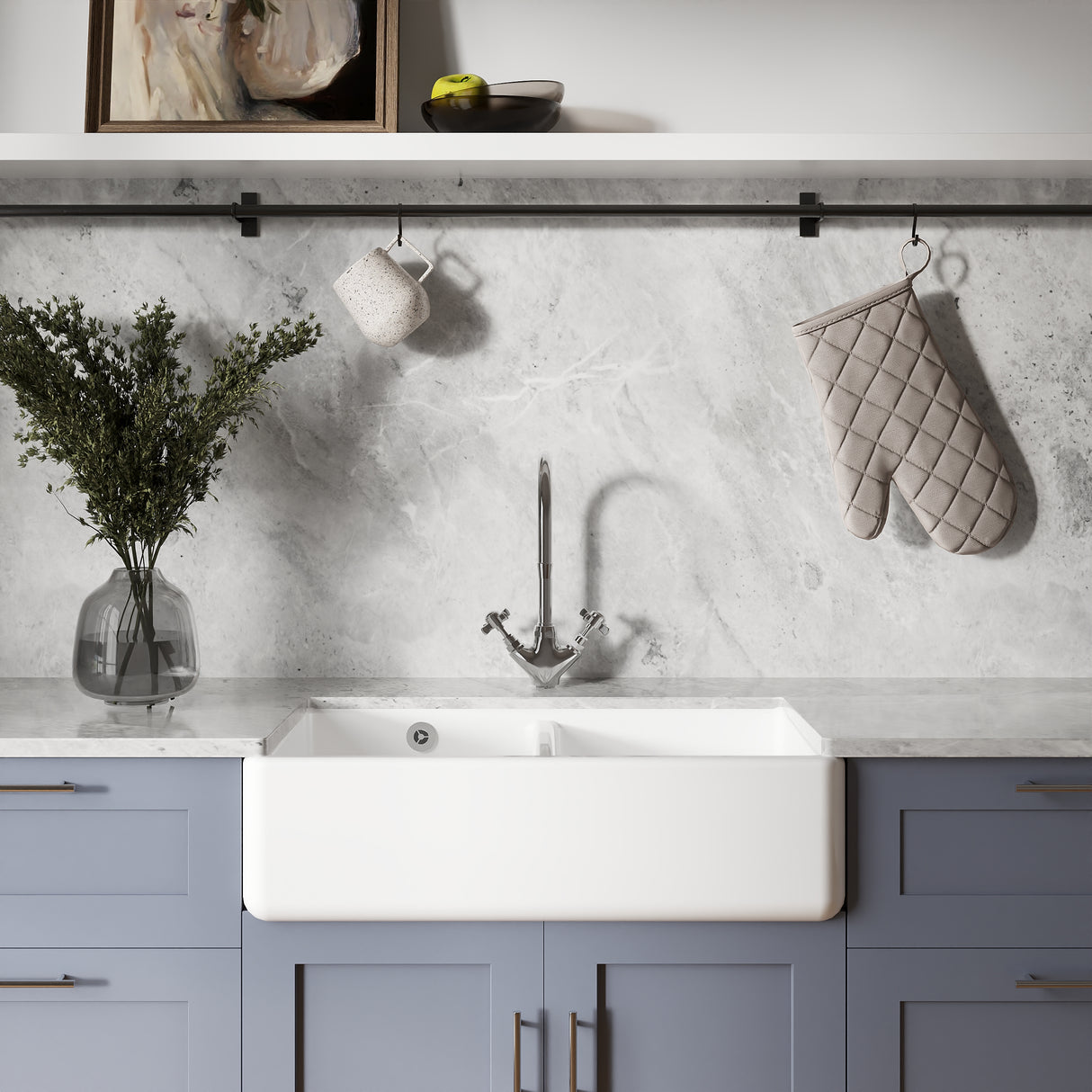 Double Bowl Fireclay Ceramic Kitchen Sink with Stepped Weir and Overflow