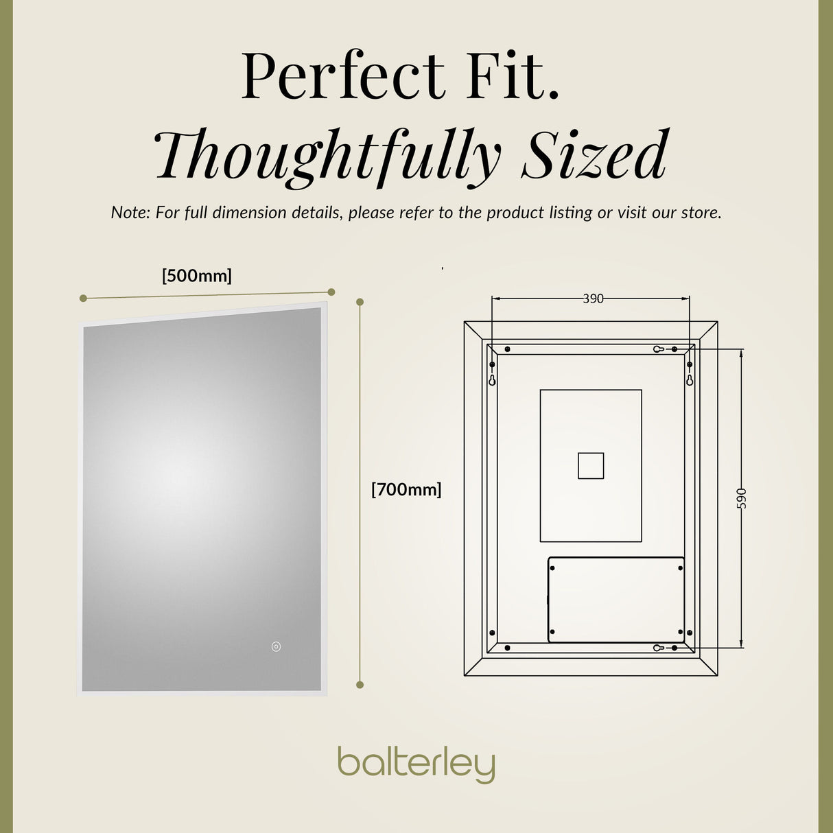 Rectangular LED Illuminated Touch Sensor Minimalist Mirror with Demister, 700mm x 500mm