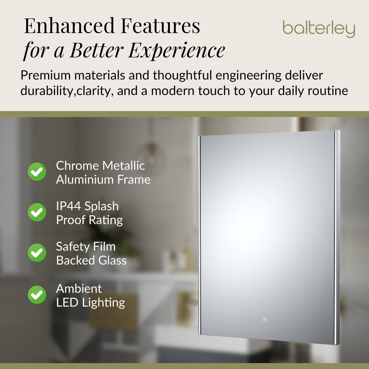 Rectangular LED Ambient Illuminated Touch Sensor Mirror with Demister, 800mm x 600mm