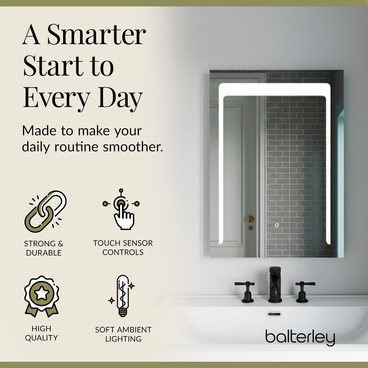 Rectangular LED Illuminated Touch Sensor Mirror with Demister, 700mm x 500mm