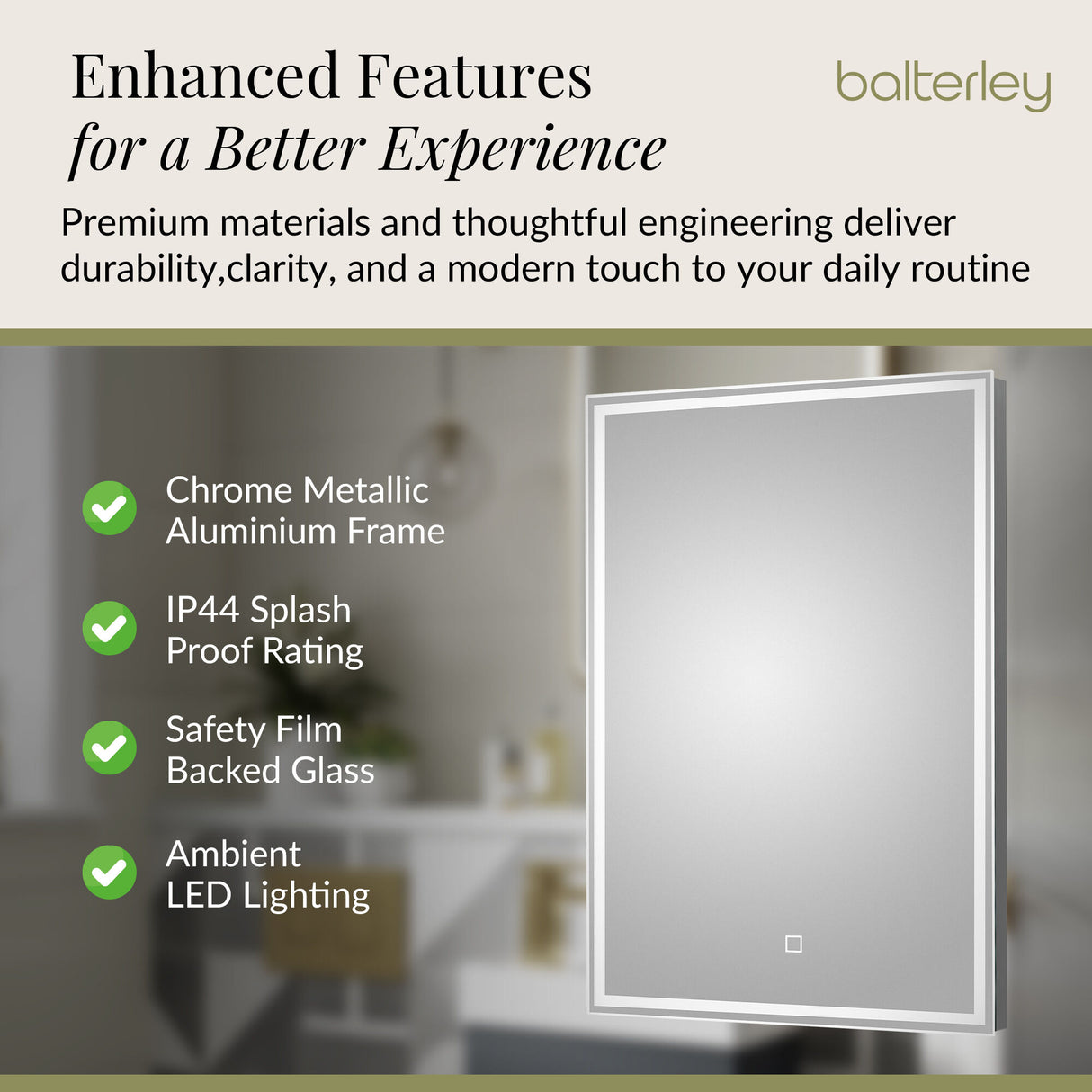 Rectangular LED Illuminated Framed Touch Sensor Mirror with Demister, 700mm x 500mm