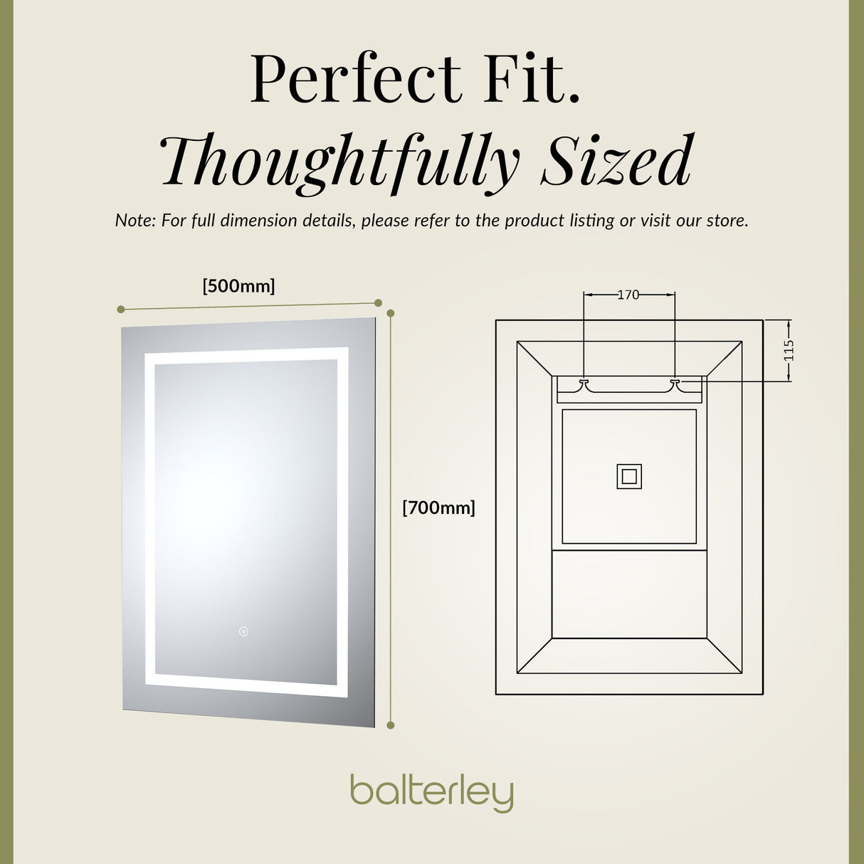 Rectangular LED Framed Illuminated Touch Sensor Mirror with Demister, 700mm x 500mm