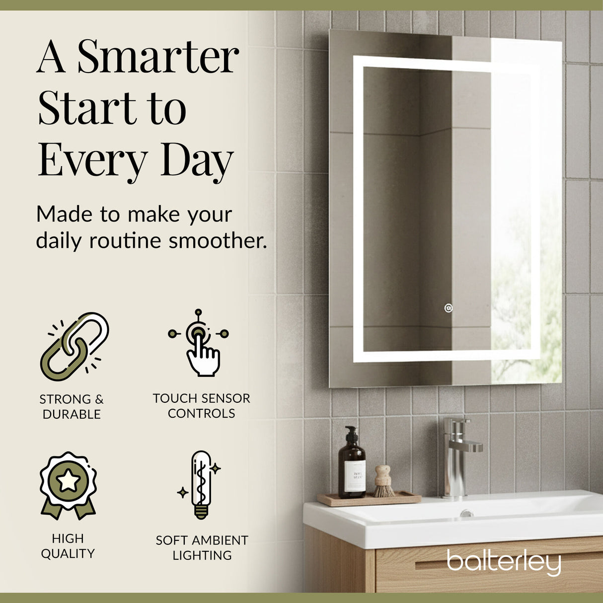 Rectangular LED Framed Illuminated Touch Sensor Mirror with Demister, 700mm x 500mm