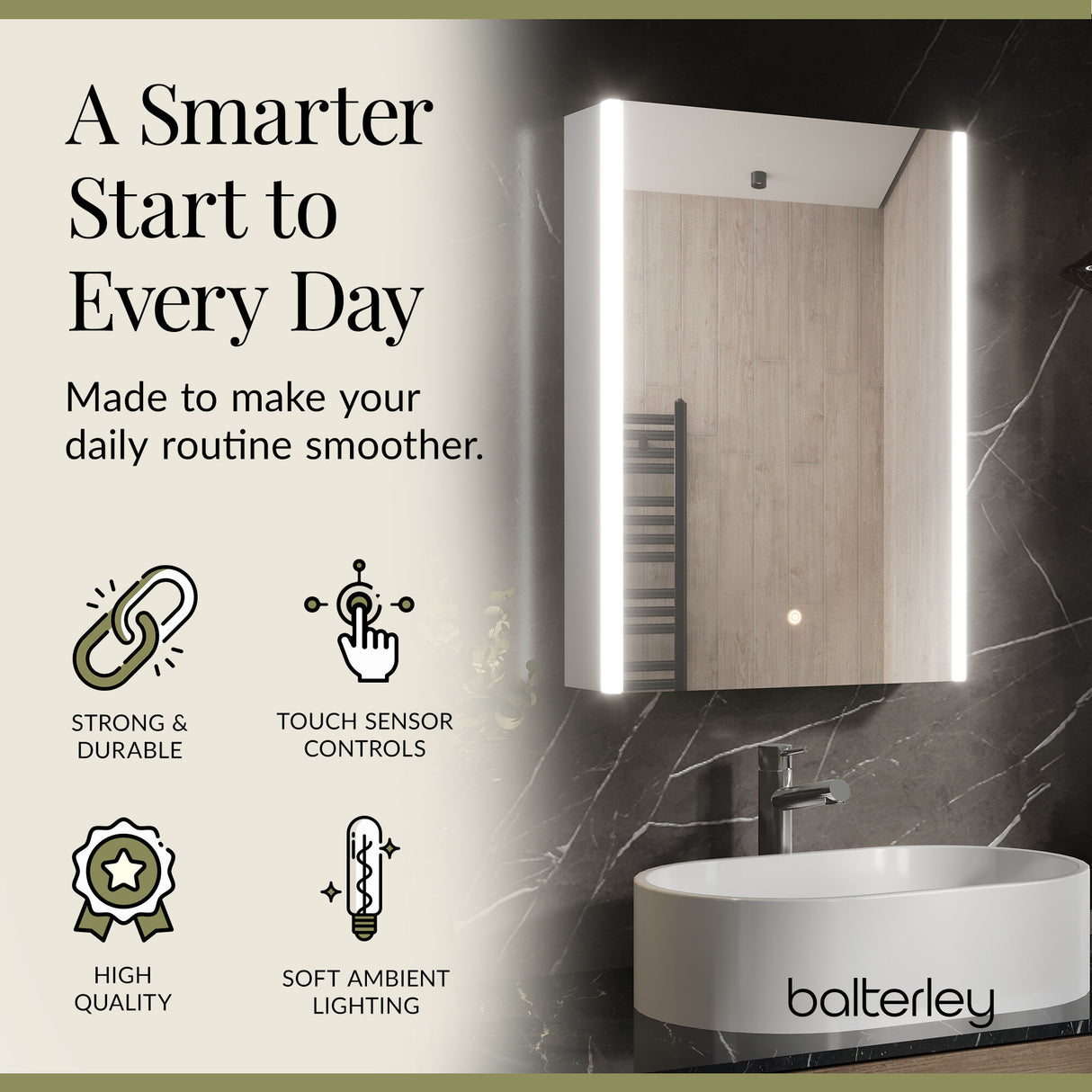 1 Door Touch Sensor Mirror Cabinet with 2 Shelves, Demister & Shaver Socket