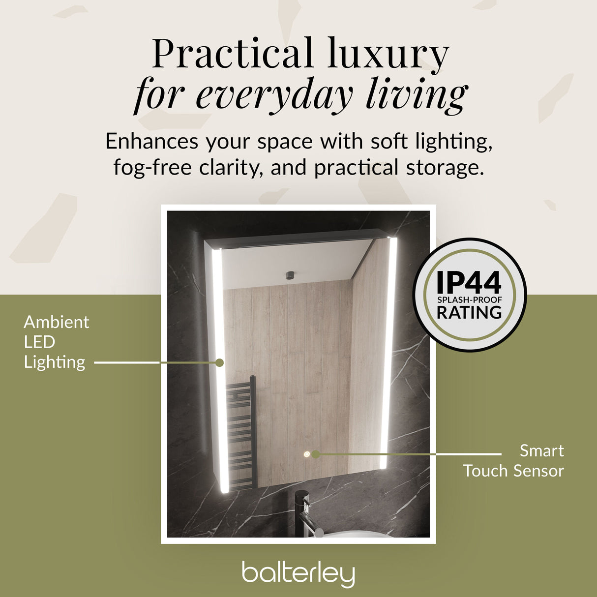 1 Door Touch Sensor Mirror Cabinet with 2 Shelves, Demister & Shaver Socket