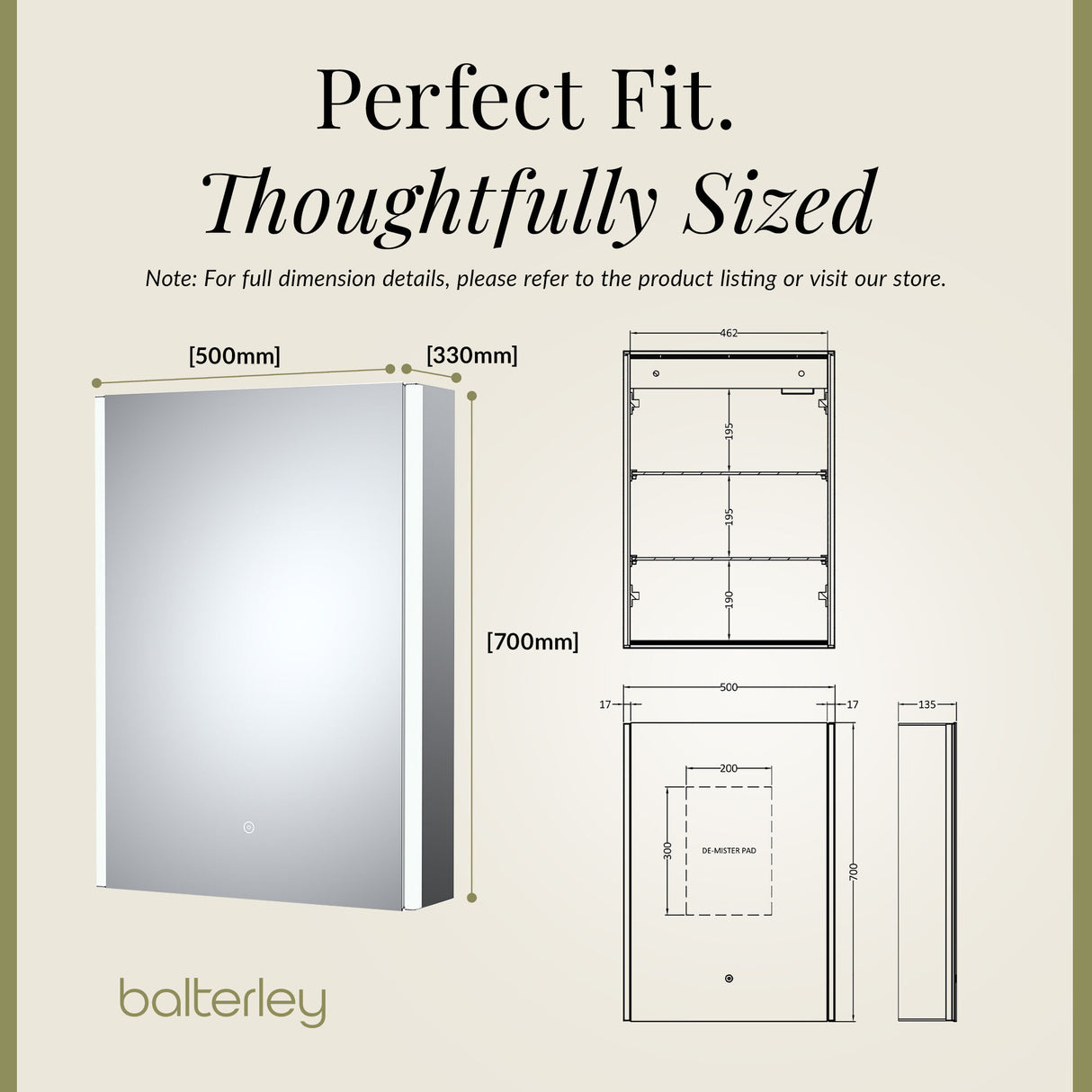 1 Door Touch Sensor Mirror Cabinet with 2 Shelves, Demister & Shaver Socket