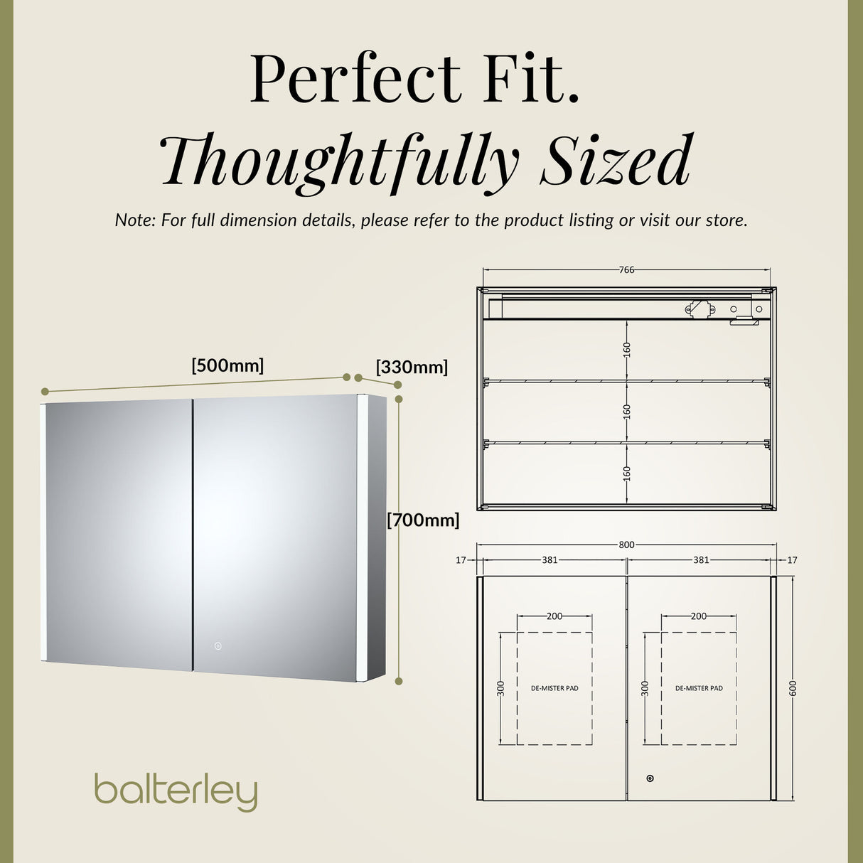 2 Door Touch Sensor Mirror Cabinet with 2 Shelves, Demister & Shaving Socket