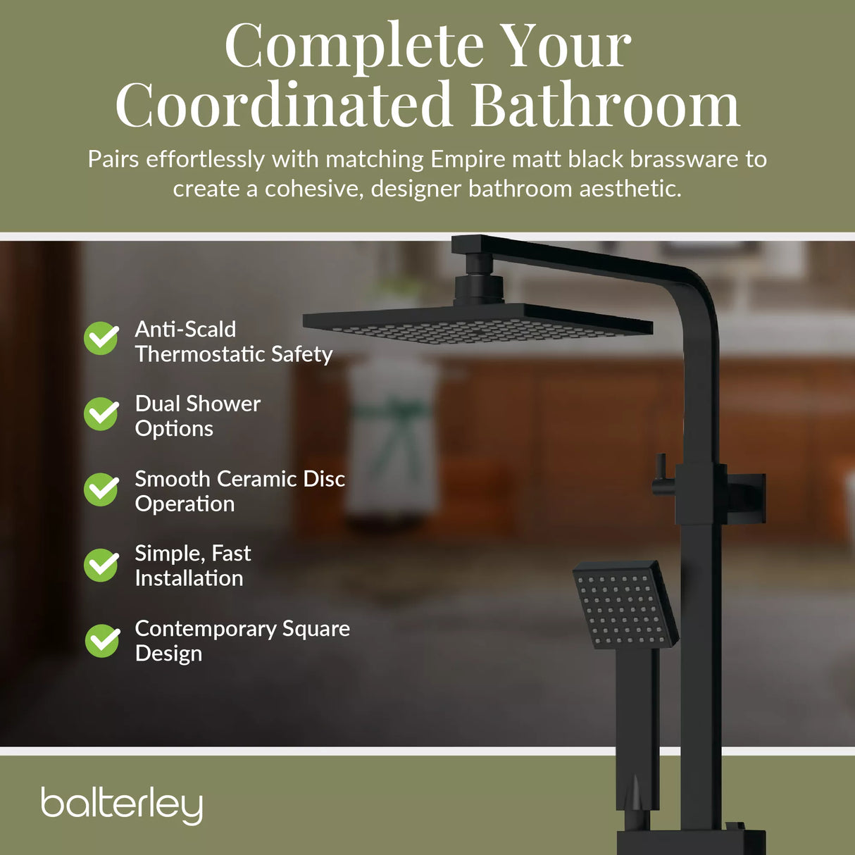 Square Thermostatic Shower Kit with Fixed Head & Adjustable Handset - Multiple Colours Available