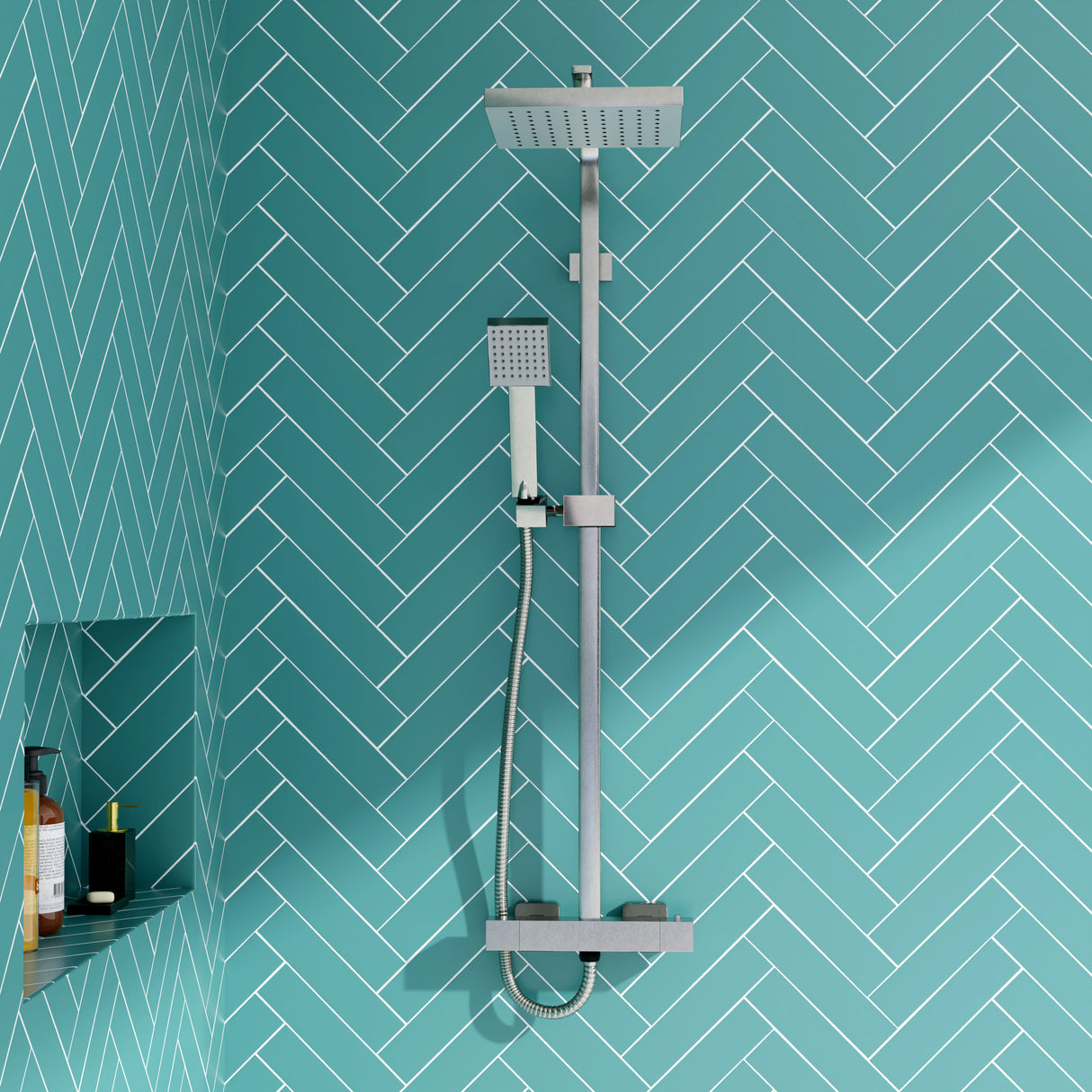 Square Thermostatic Shower Kit with Fixed Head & Adjustable Handset - Multiple Colours Available