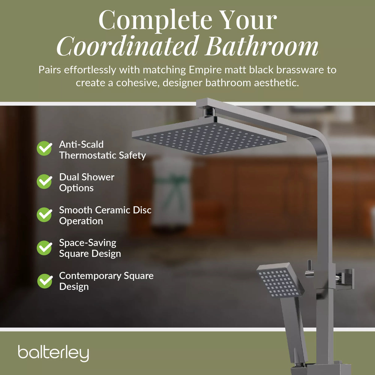 Square Thermostatic Shower Kit with Fixed Head & Adjustable Handset - Multiple Colours Available