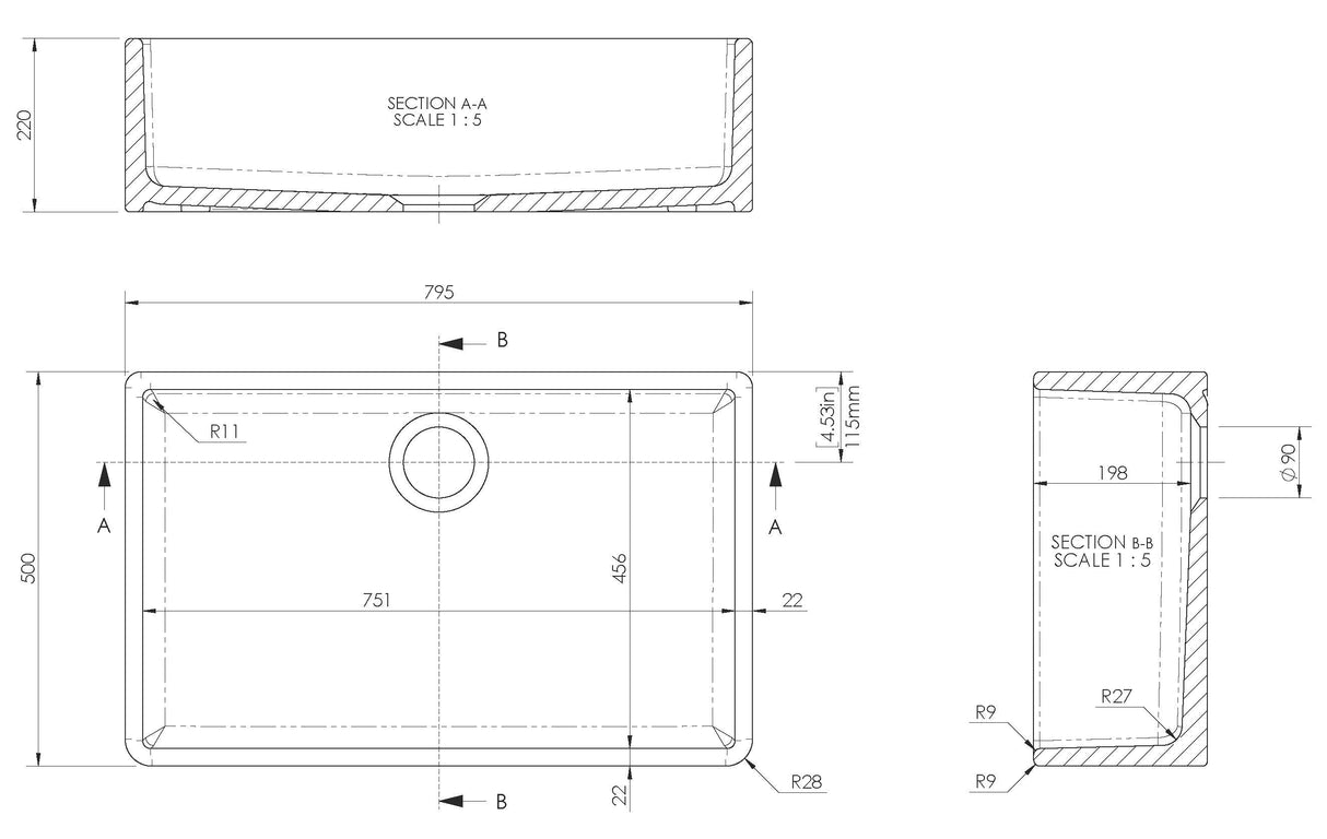 Single Bowl Butler Kitchen Sink - Choice of Tap and Waste - 795mm