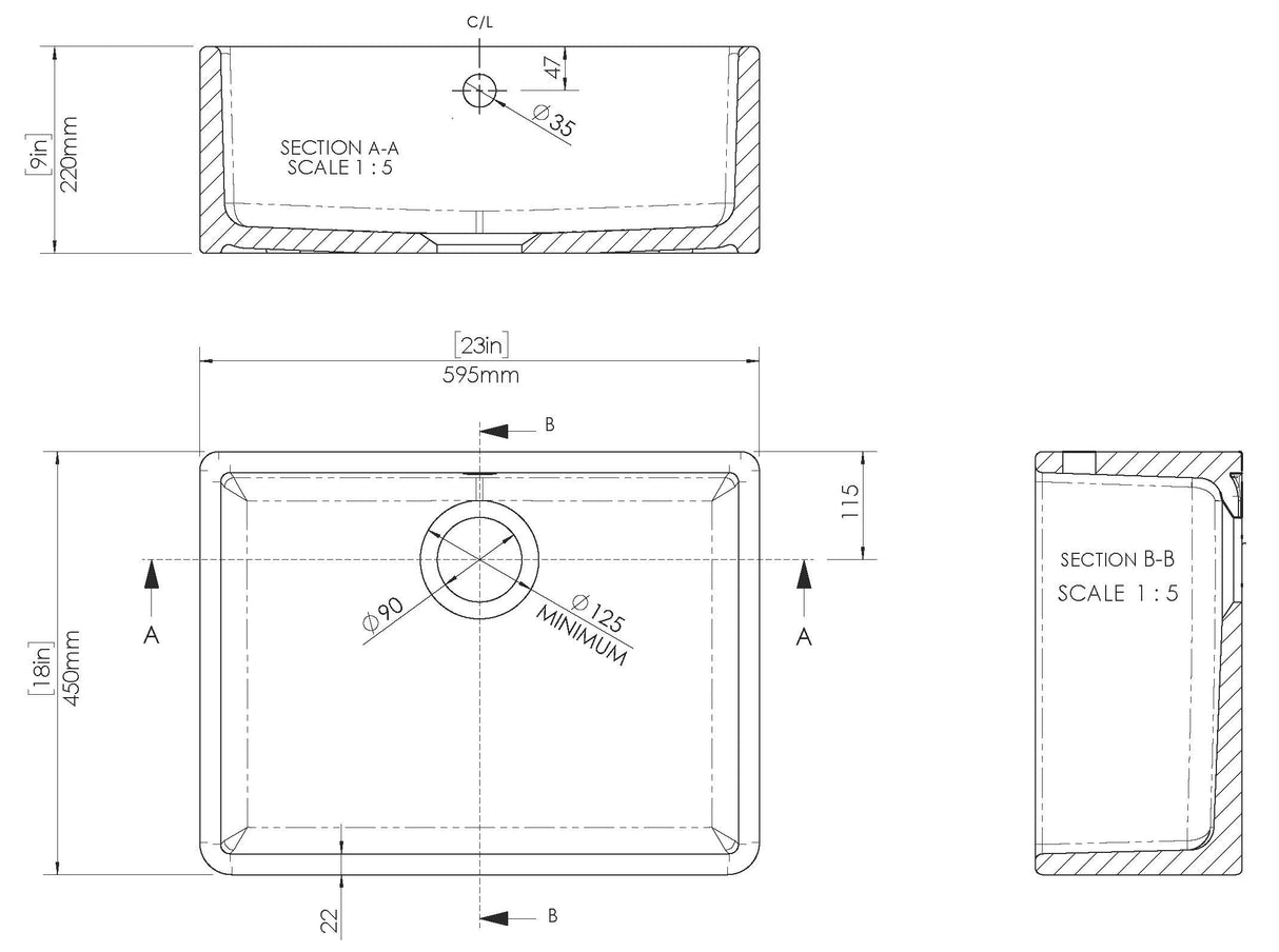 Single Bowl Fireclay Ceramic Butler Kitchen Sink with Overflow & No Tap Hole