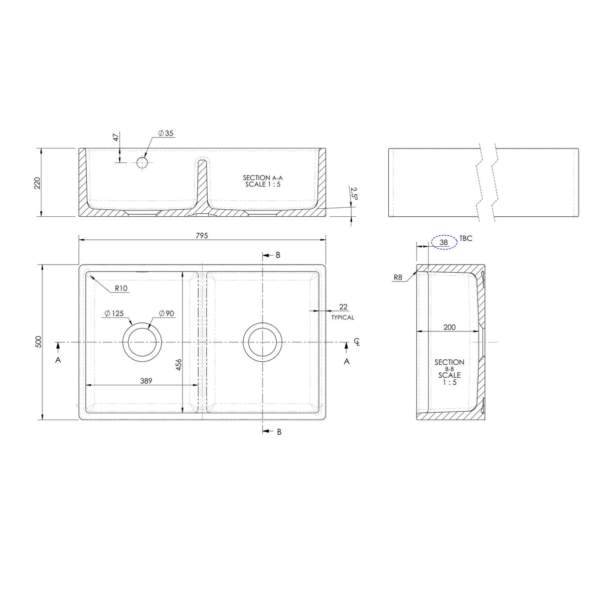 Double Bowl Fireclay Butler Kitchen Sink with Stepped Weir and Overflow - 795mm