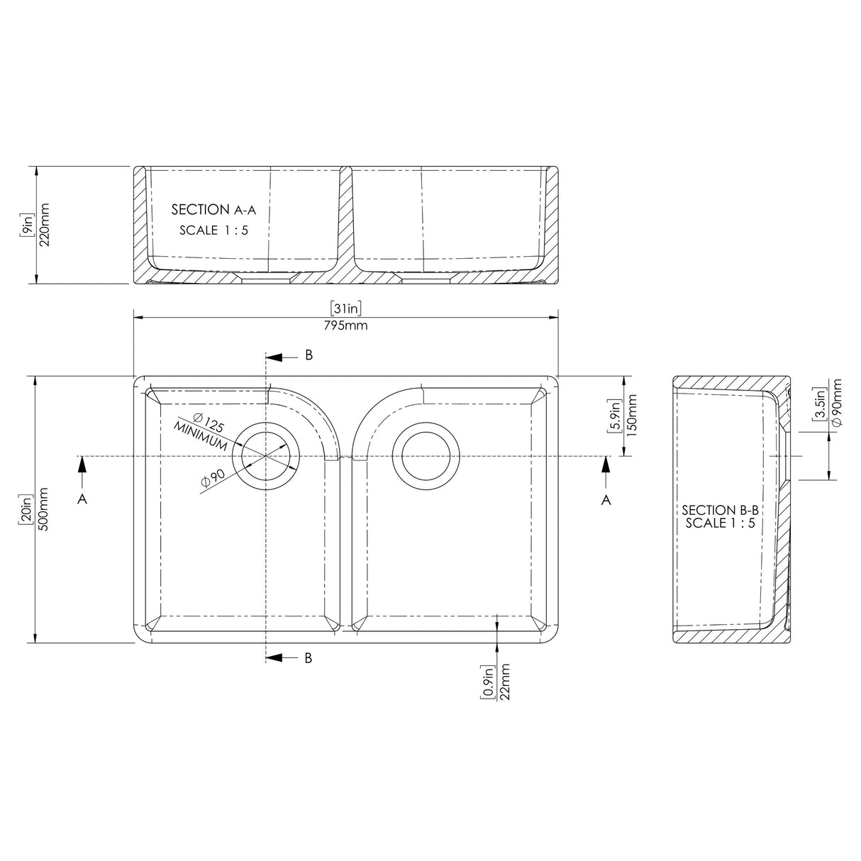 Fireclay Kitchen Bundle - Double Bowl Full Weir Butler Sink No Overflow, Wastes & Bridge Tap, 795mm - Brushed Brass