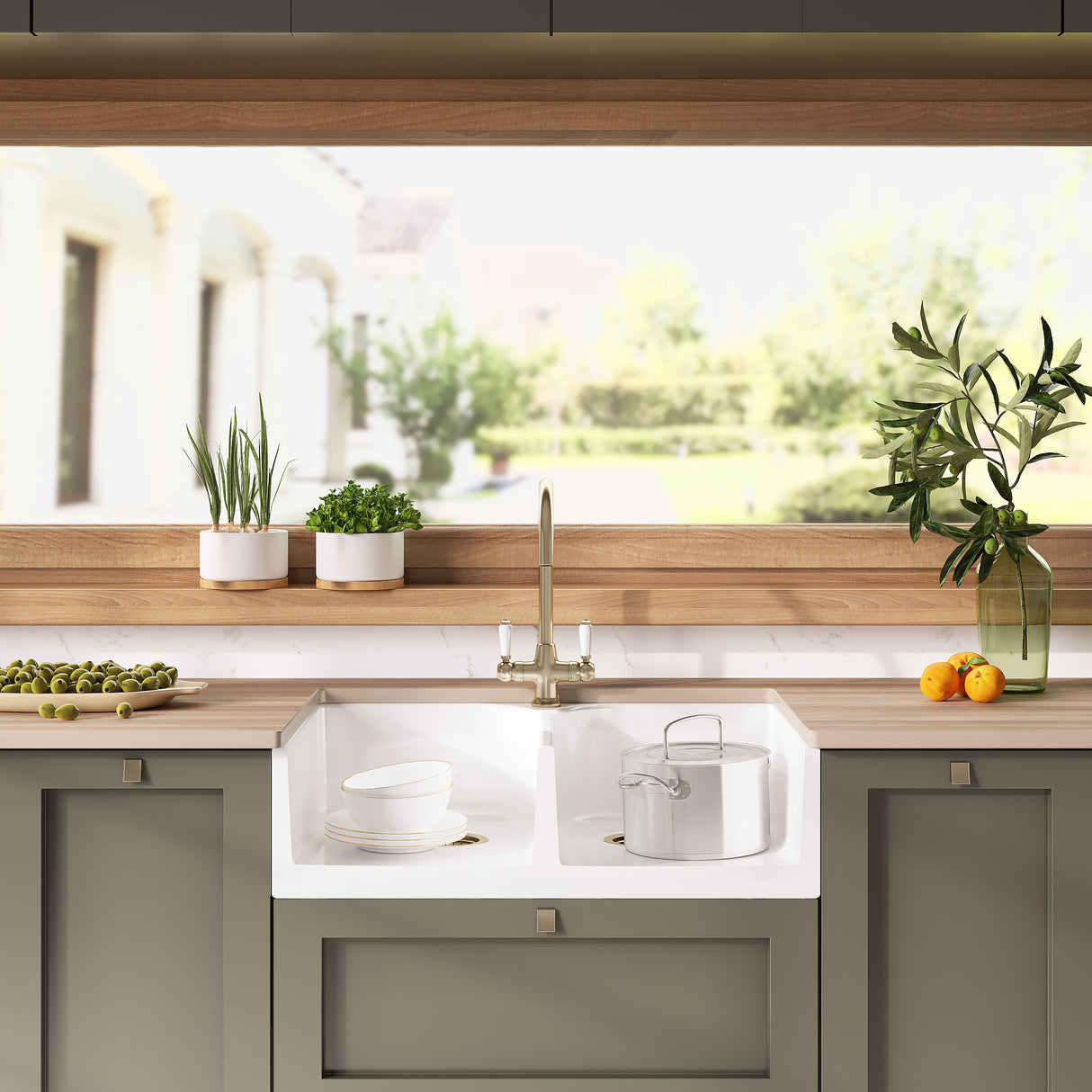 Double Bowl Fireclay Ceramic Butler Kitchen Sink with Full Weir - Choice of Colour