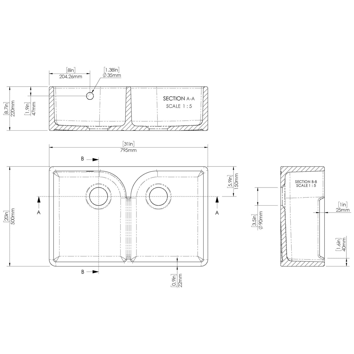 Fireclay Kitchen Bundle - Double Bowl Stepped Weir Butler Sink, Compatible Wastes & Bridge Lever Tap, 795mm - Chrome