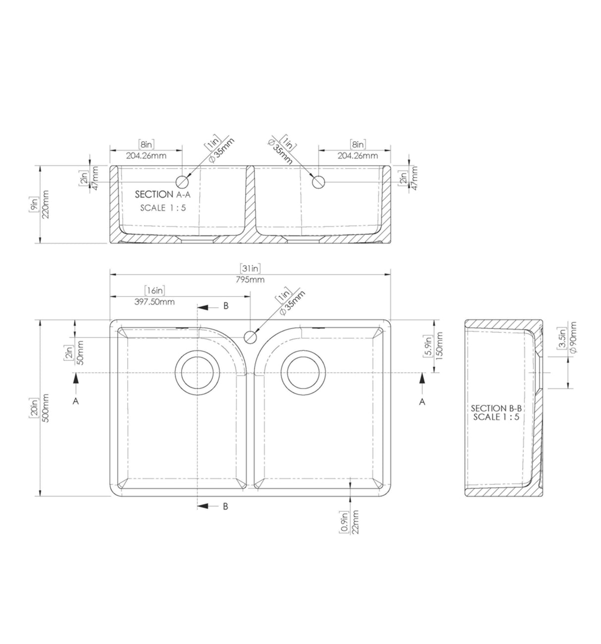 Double Bowl Fireclay Ceramic Butler Kitchen Sink Bundle with Tap Hole, Weir & Wastes