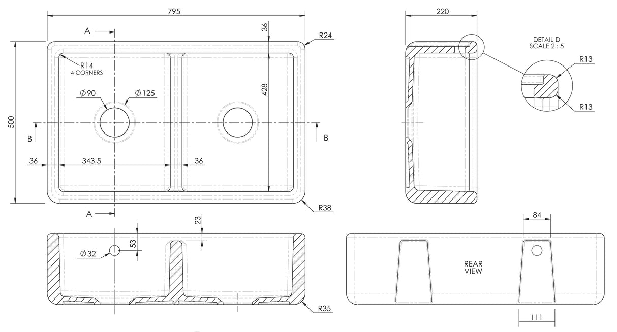 Double Bowl Fireclay Ceramic Kitchen Sink with Stepped Weir and Overflow
