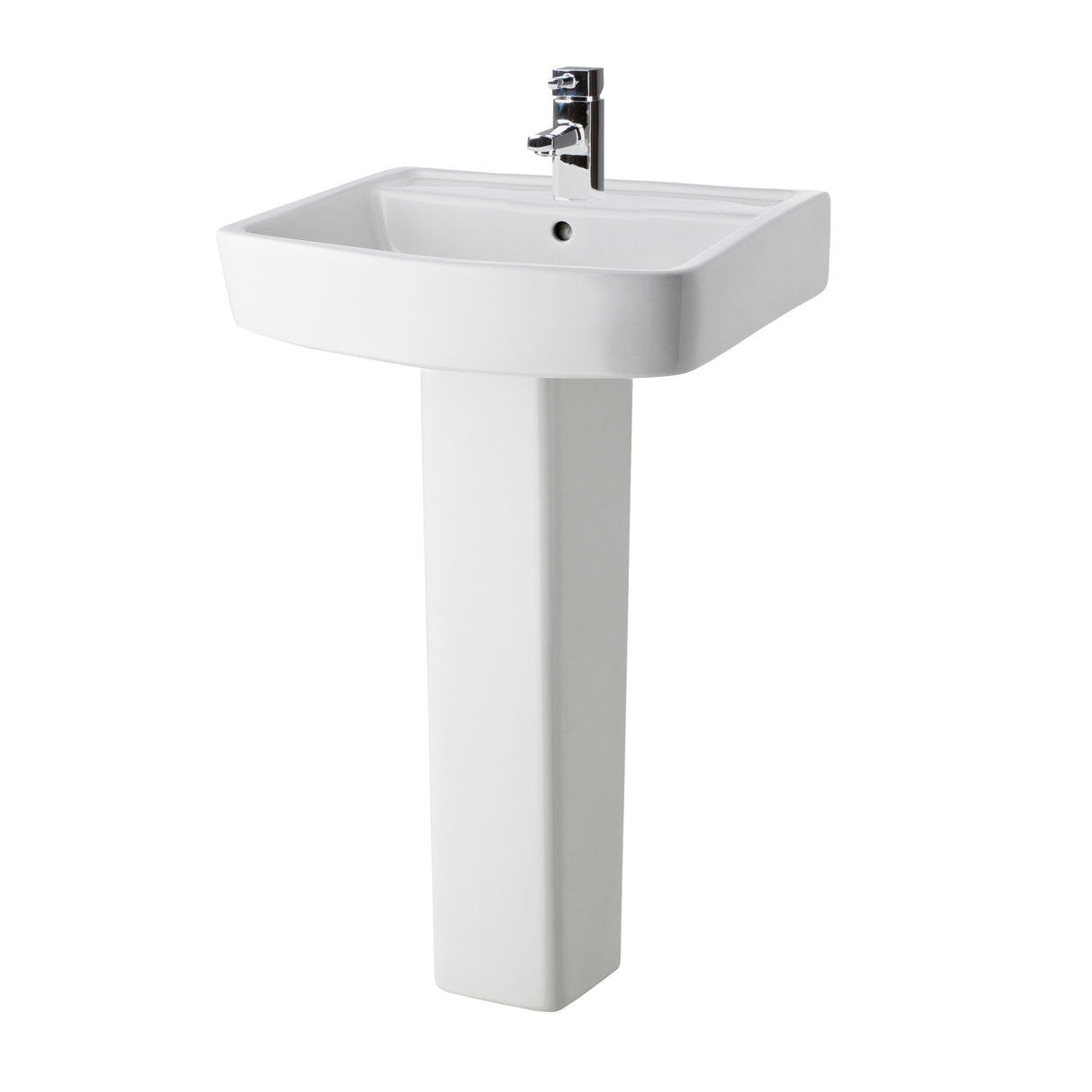 Modern White Square 1 Tap Hole Bathroom Basin & Full Pedestal – Choice of Size (520mm or 600mm)
