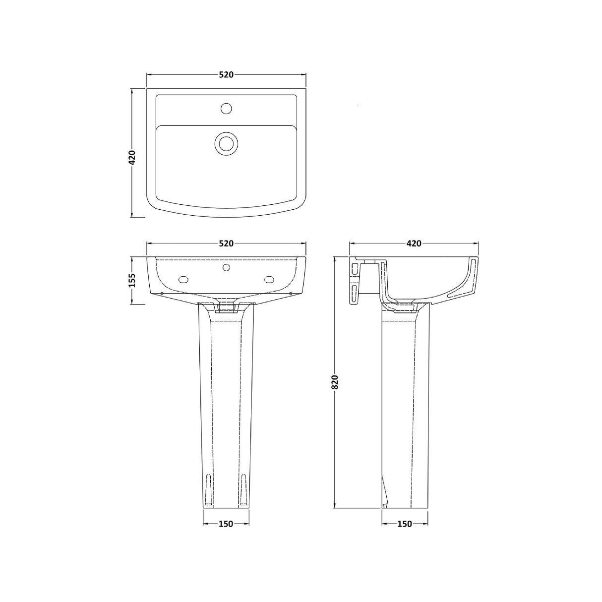 Modern White Square 1 Tap Hole Bathroom Basin & Full Pedestal – Choice of Size (520mm or 600mm)