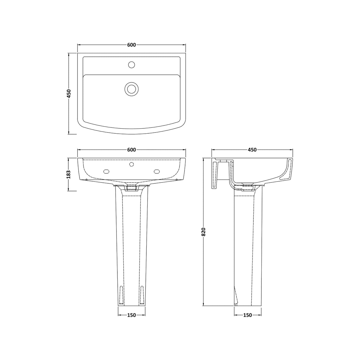 Modern White Square 1 Tap Hole Bathroom Basin & Full Pedestal – Choice of Size (520mm or 600mm)