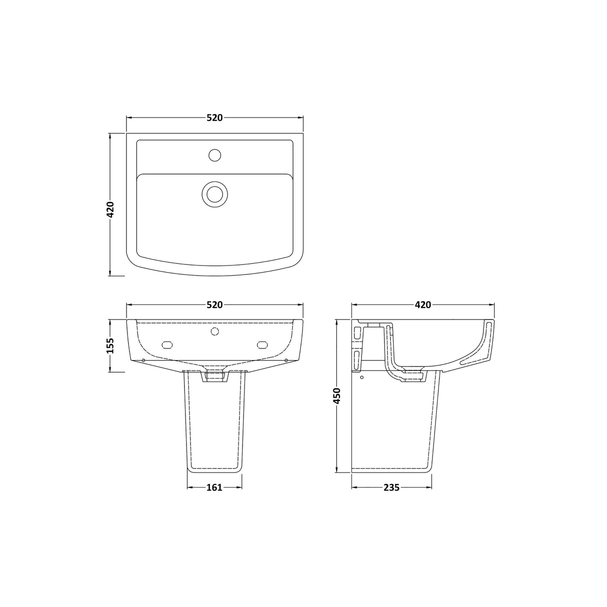 Modern White Square 1 Tap Hole Bathroom Basin & Semi Pedestal – 520mm