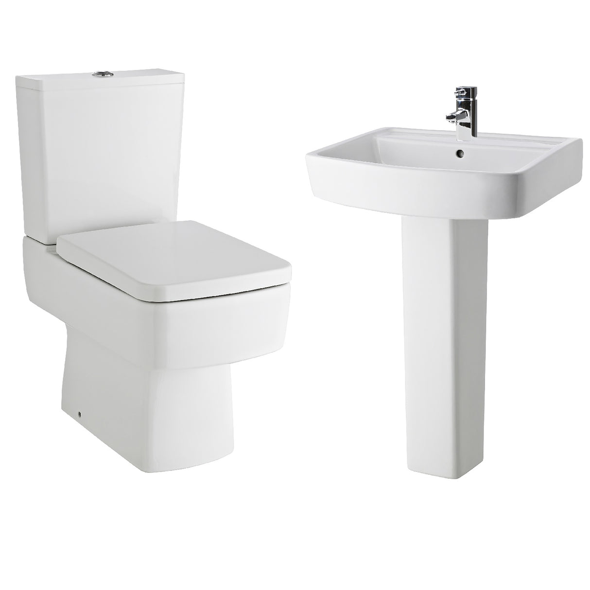 Optic Square Compact Bathroom Suite – Modern Toilet, Cistern, Soft-Close Seat & Basin with Pedestal Options (600mm or 520mm Full/Semi Pedestal)