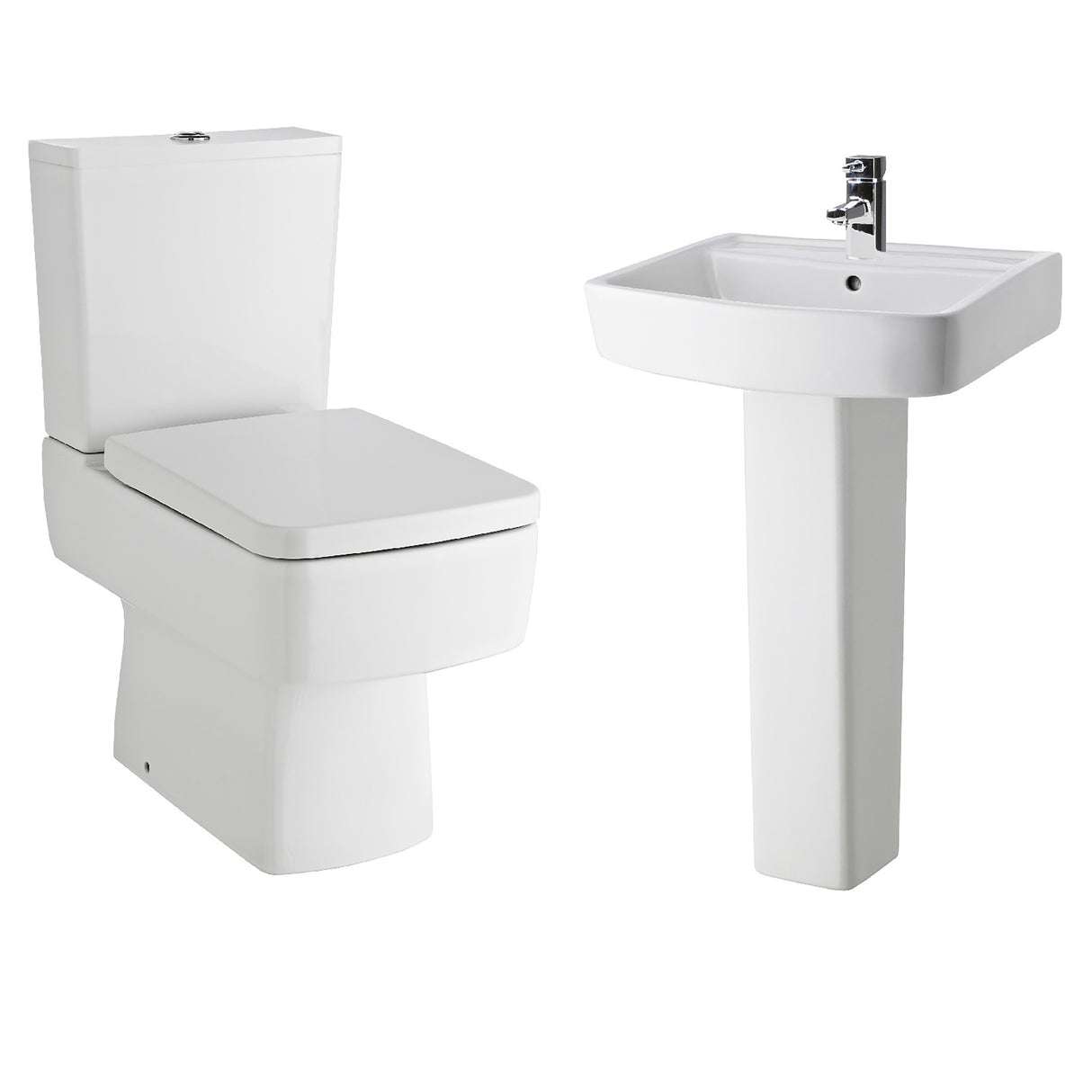 Optic Square Compact Bathroom Suite – Modern Toilet, Cistern, Soft-Close Seat & Basin with Pedestal Options (600mm or 520mm Full/Semi Pedestal)