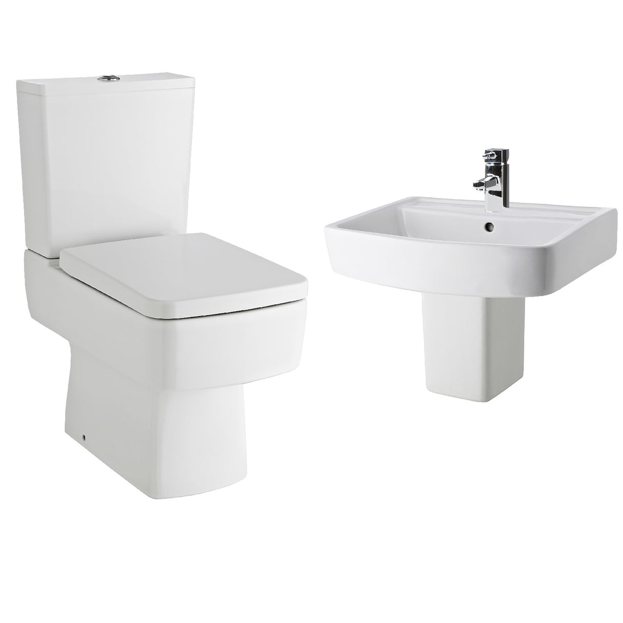 Optic Square Compact Bathroom Suite – Modern Toilet, Cistern, Soft-Close Seat & Basin with Pedestal Options (600mm or 520mm Full/Semi Pedestal)