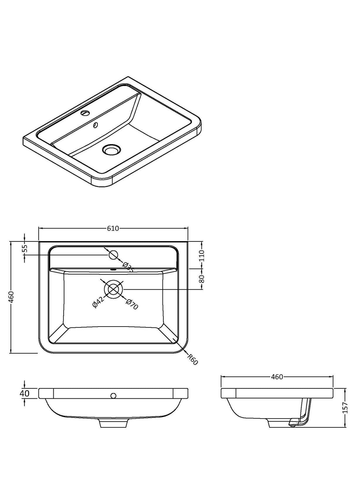 600mm 1 Tap Hole Ceramic Basin - White