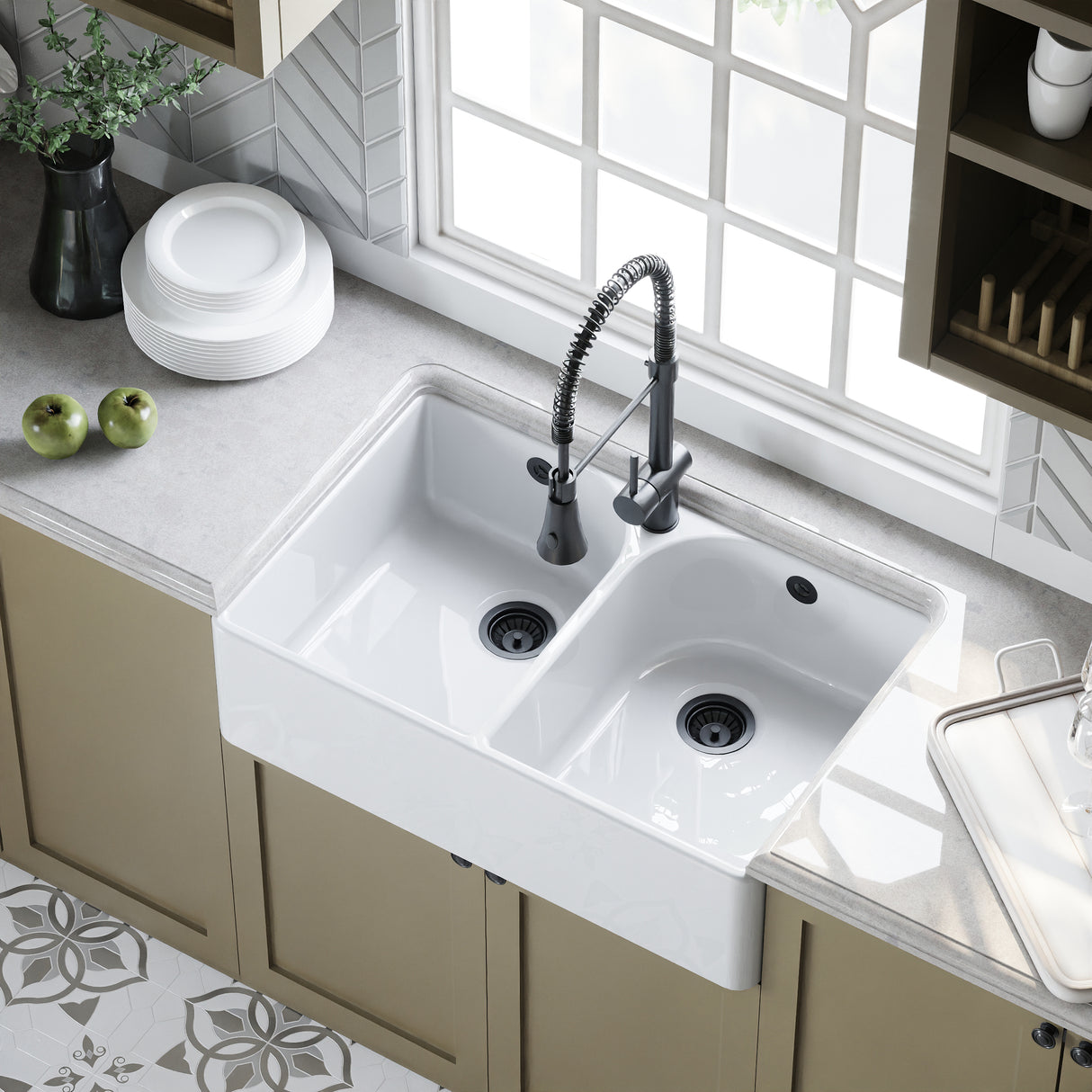 Double Bowl Butler Sink with Overflow - Choice of Tap and Waste - 795mm