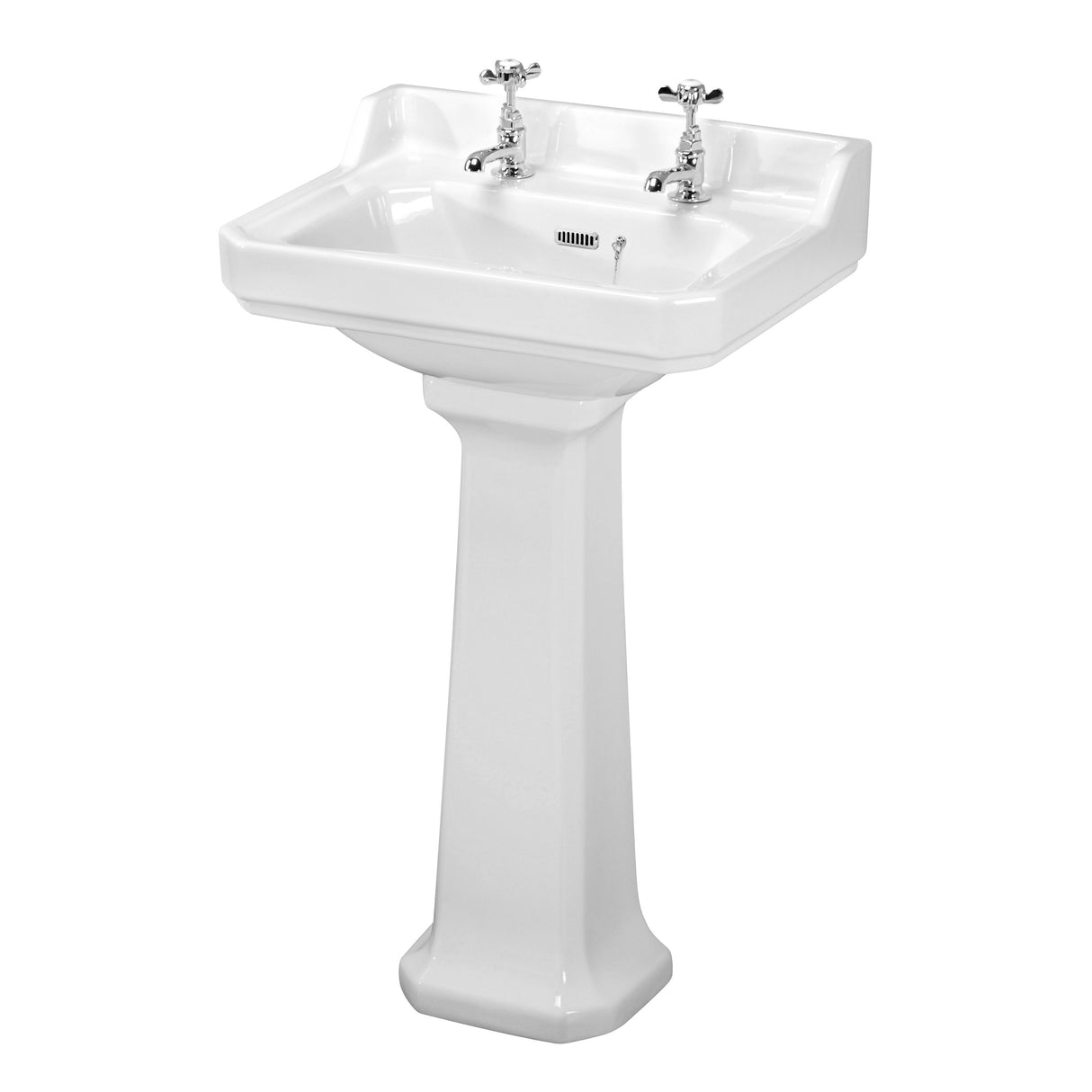 Traditional White 2 Tap Hole Bathroom Basin & Full Pedestal – 560mm