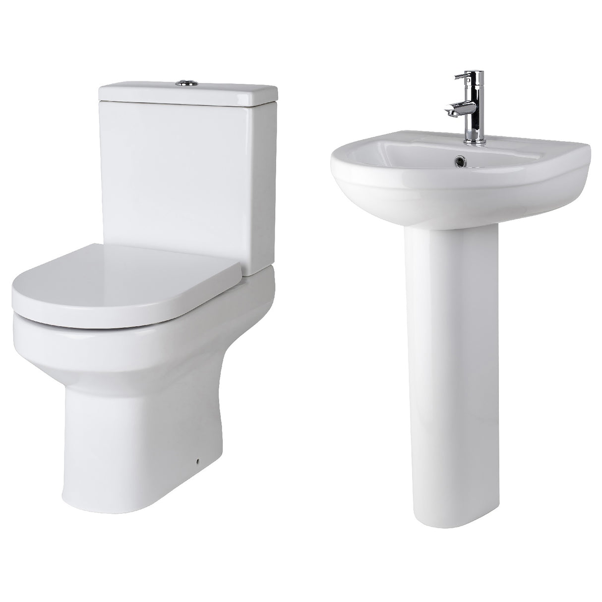 Vision Ceramic Bathroom Suite – Semi Flush to Wall Toilet, Cistern, Soft-Close Seat & 500mm Basin with Full or Semi Pedestal