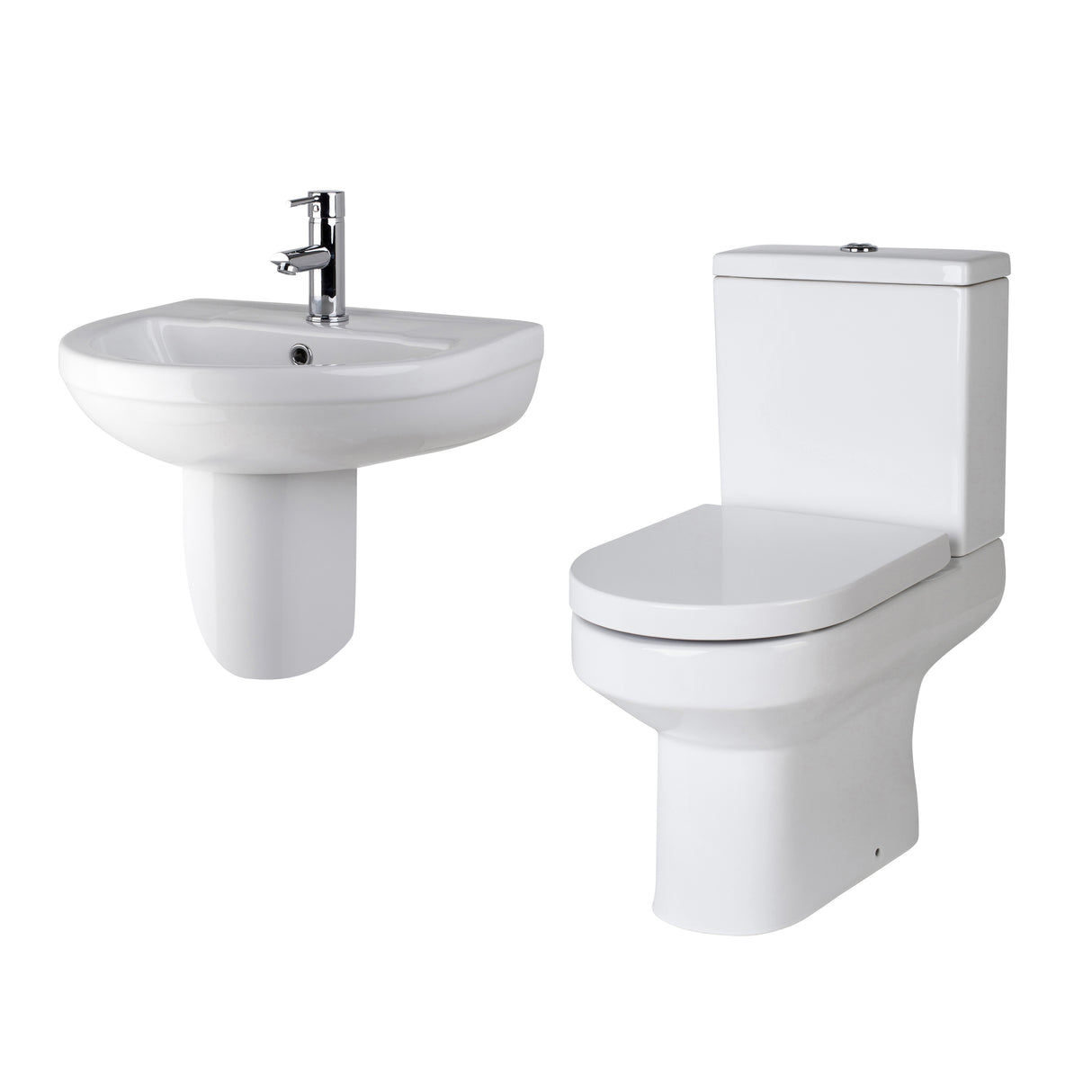 Vision Ceramic Bathroom Suite – Semi Flush to Wall Toilet, Cistern, Soft-Close Seat & 500mm Basin with Full or Semi Pedestal