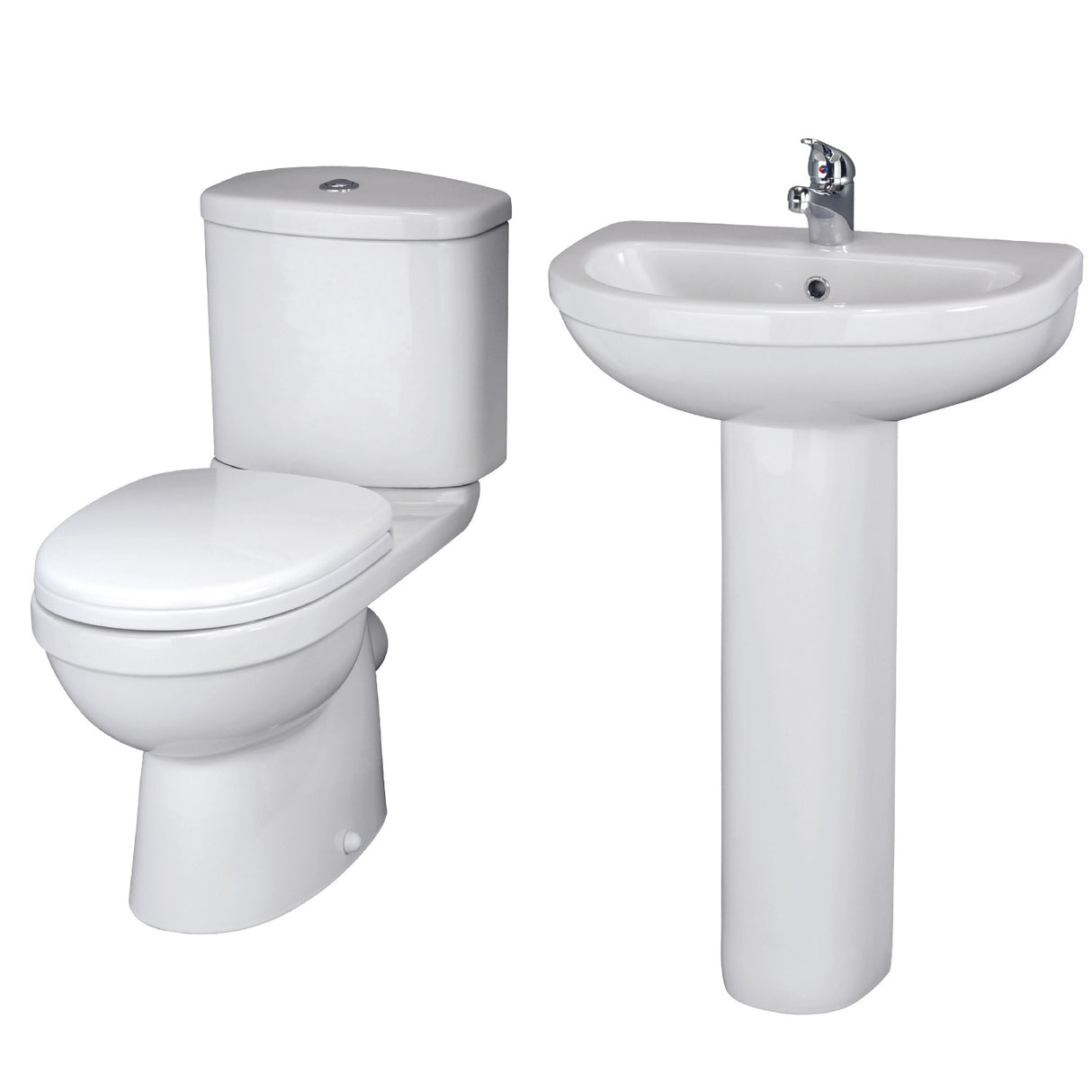 Vito Ceramic Bathroom Bundle – Toilet Pan with Cistern, Soft-Close Seat & 550mm Basin with Full or Semi Pedestal (1TH or 2TH)