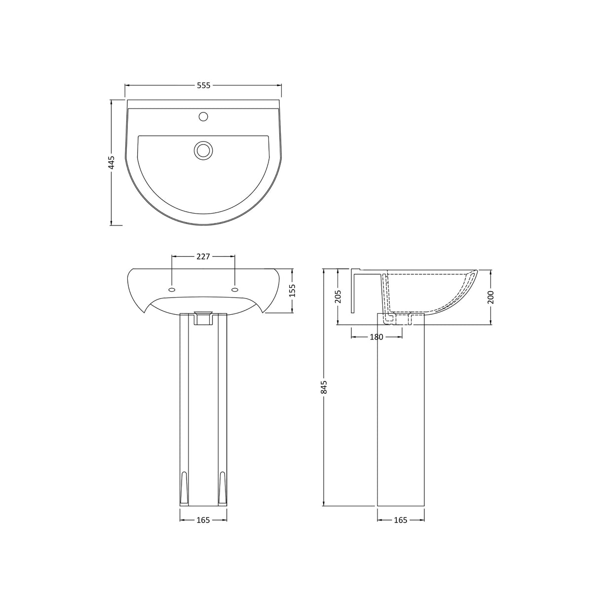 Round Bathroom Ceramic Basin and Full Pedestal - 550mm - 1 or 2 Tap Hole