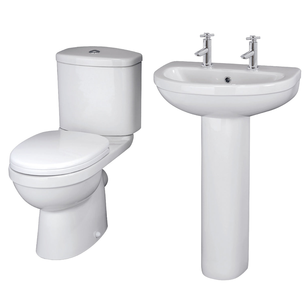 Vito Ceramic Bathroom Bundle – Toilet Pan with Cistern, Soft-Close Seat & 550mm Basin with Full or Semi Pedestal (1TH or 2TH)