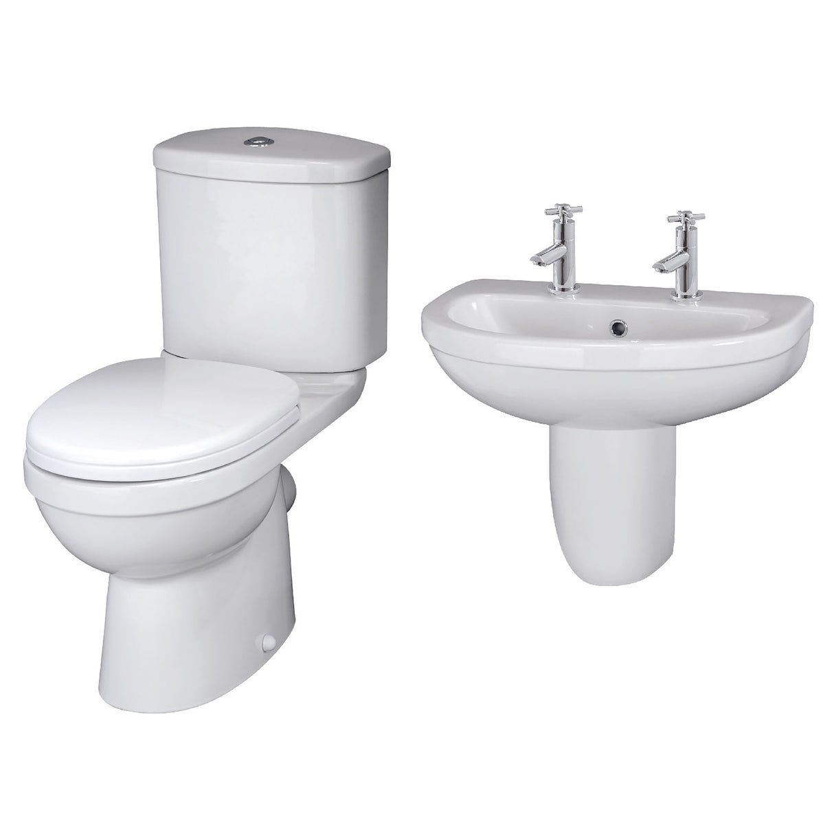 Vito Ceramic Bathroom Bundle – Toilet Pan with Cistern, Soft-Close Seat & 550mm Basin with Full or Semi Pedestal (1TH or 2TH)