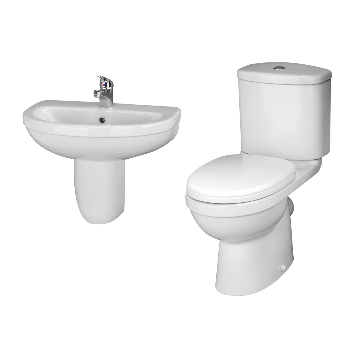 Vito Ceramic Bathroom Bundle – Toilet Pan with Cistern, Soft-Close Seat & 550mm Basin with Full or Semi Pedestal (1TH or 2TH)