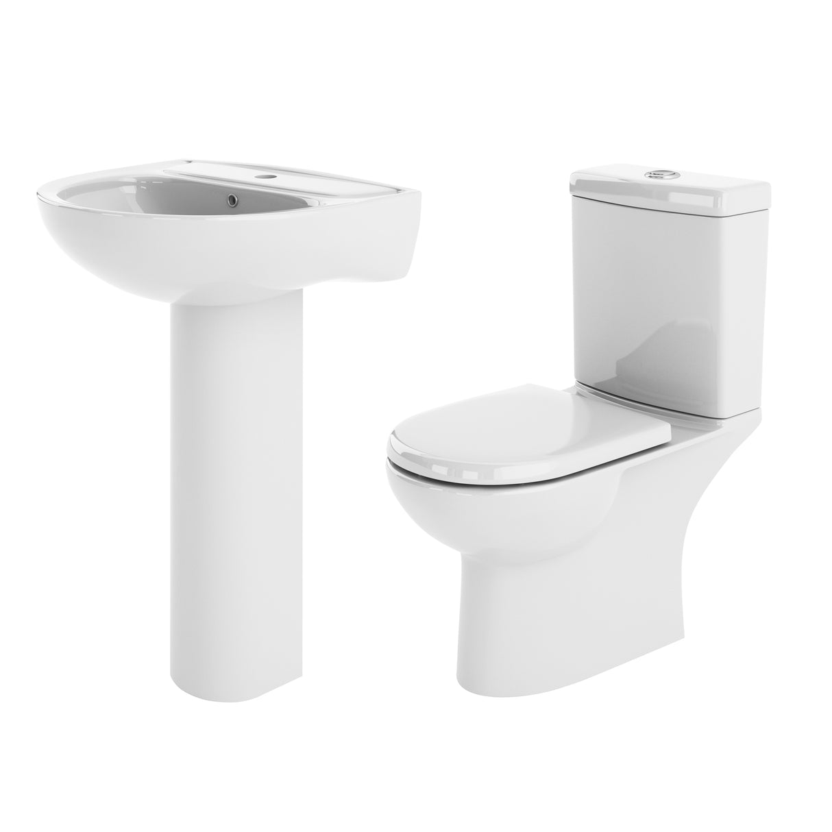 Ridley Ceramic Bathroom Bundle – Compact or Close-Coupled Toilet Pan, Cistern & Soft-Close Seat + 560mm 1-Tap-Hole Basin with Full Pedestal