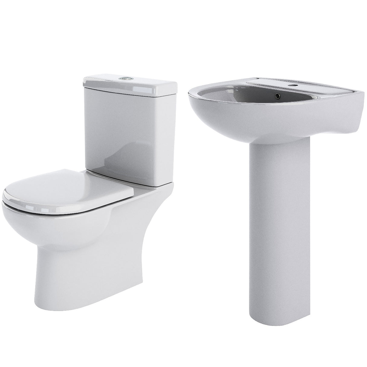 Ridley Ceramic Bathroom Bundle – Compact or Close-Coupled Toilet Pan, Cistern & Soft-Close Seat + 560mm 1-Tap-Hole Basin with Full Pedestal