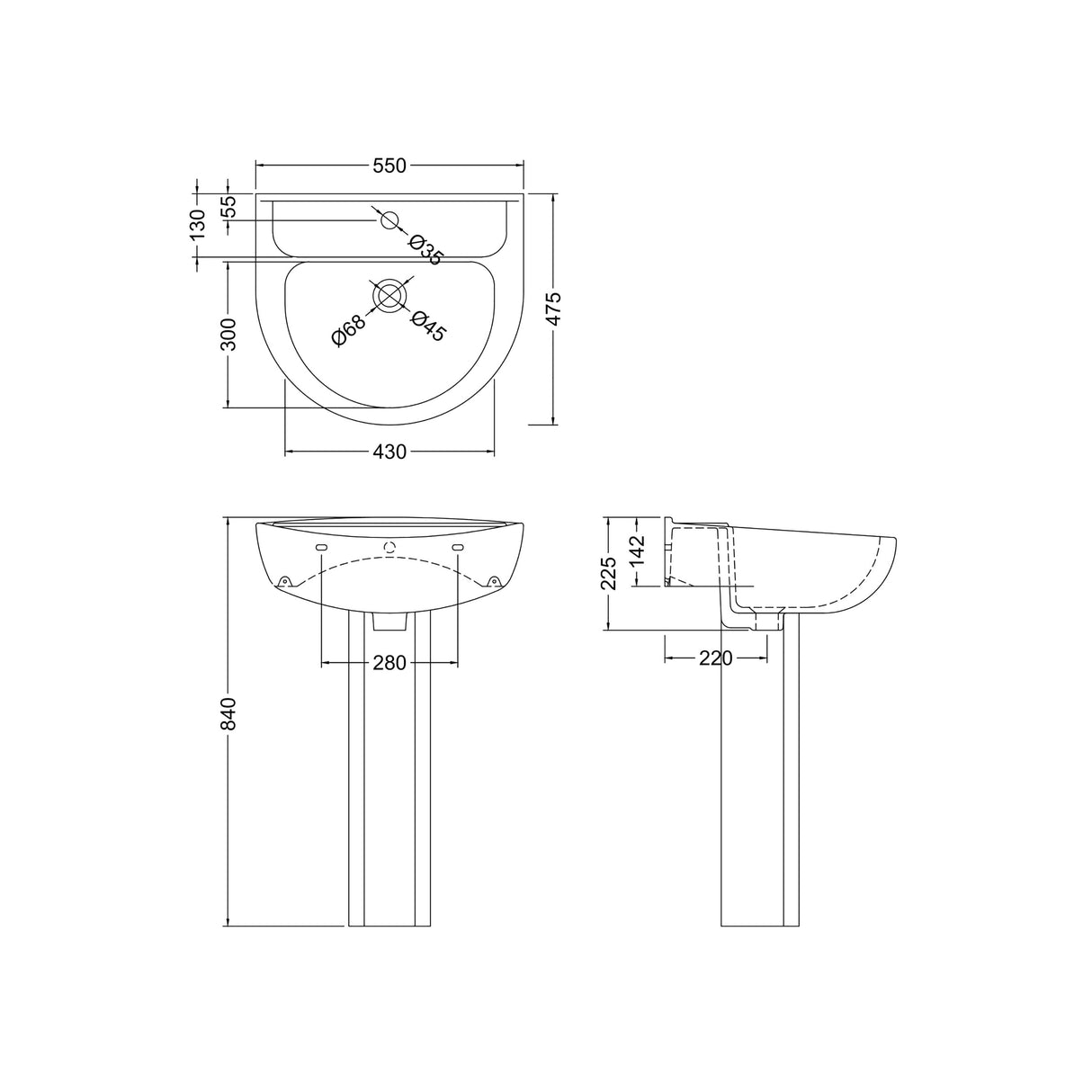 Round Ceramic Bathroom Basin and Full Pedestal - 550mm