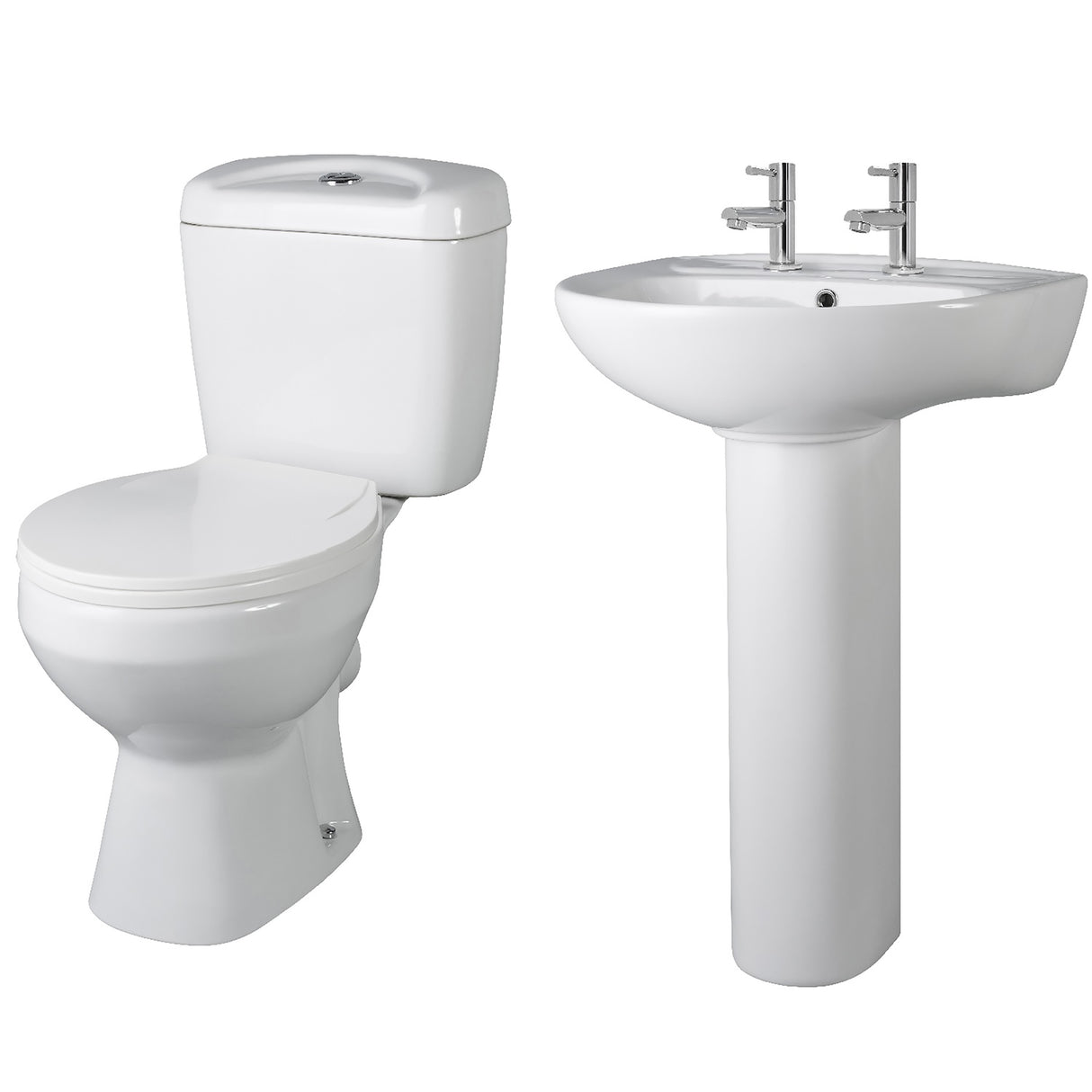 Adley Round Ceramic Bathroom Bundle – Toilet Pan with Cistern, Soft-Close Seat & 550mm Basin with Full Pedestal (1TH or 2TH)