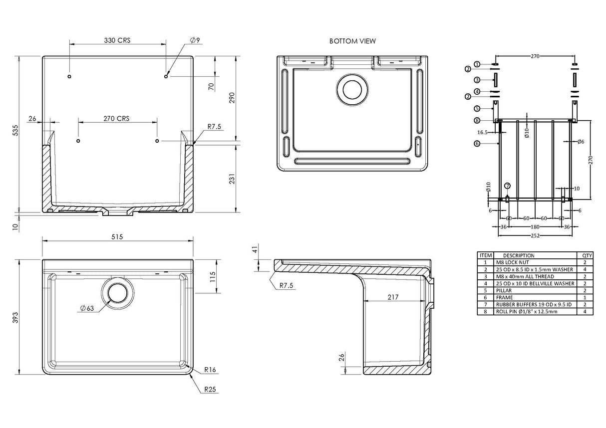 Single Bowl Fireclay Ceramic Cleaner Sink w.Grid - Multiple Sizes and Accessories
