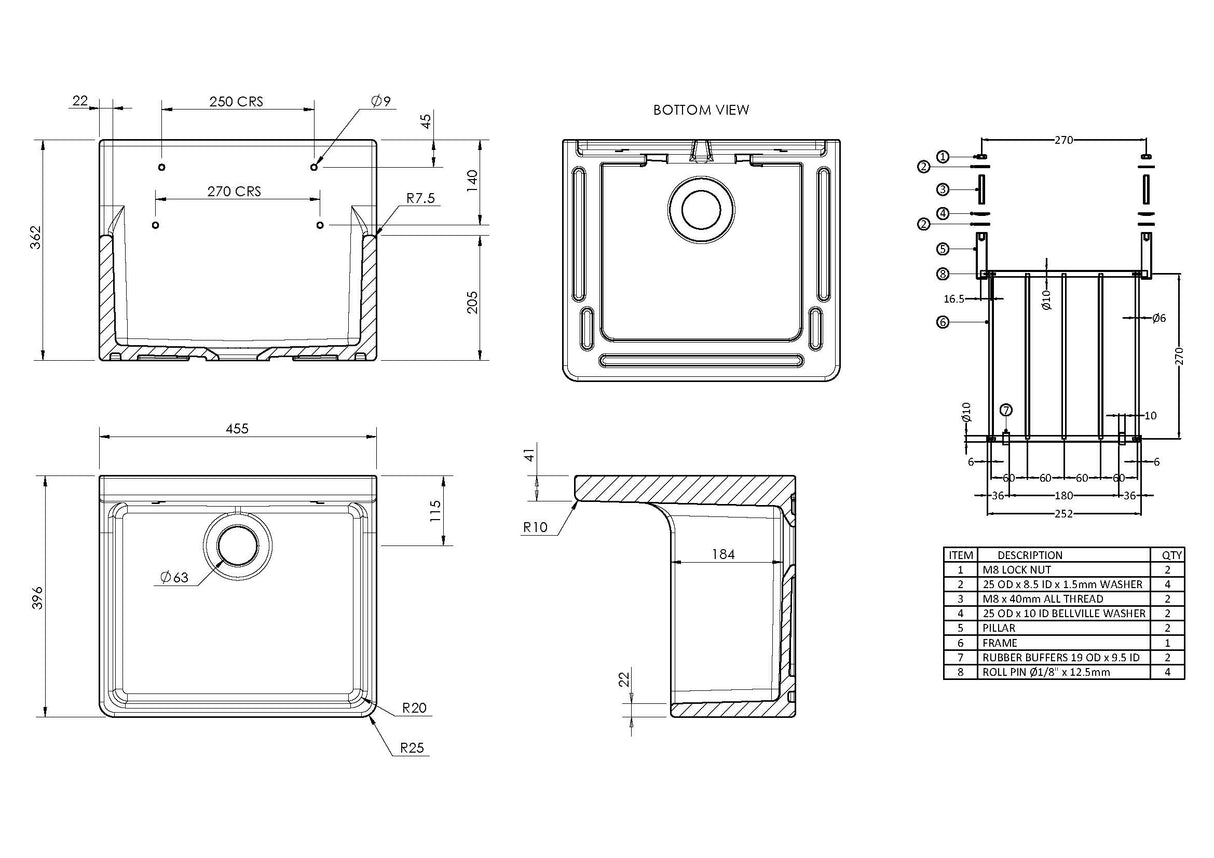 Single Bowl Fireclay Ceramic Cleaner Sink w.Grid - Multiple Sizes and Accessories