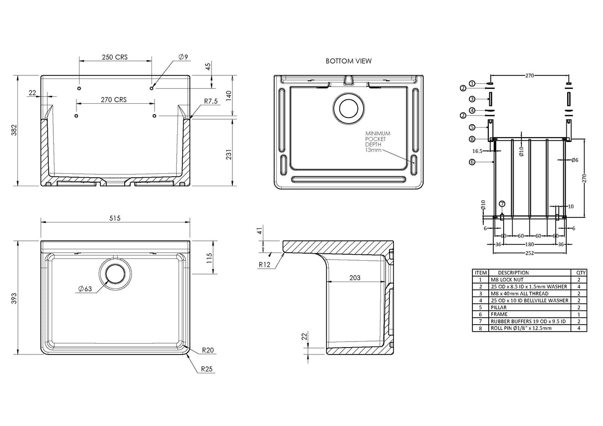 Single Bowl Fireclay Ceramic Cleaner Sink w.Grid - Multiple Sizes and Accessories