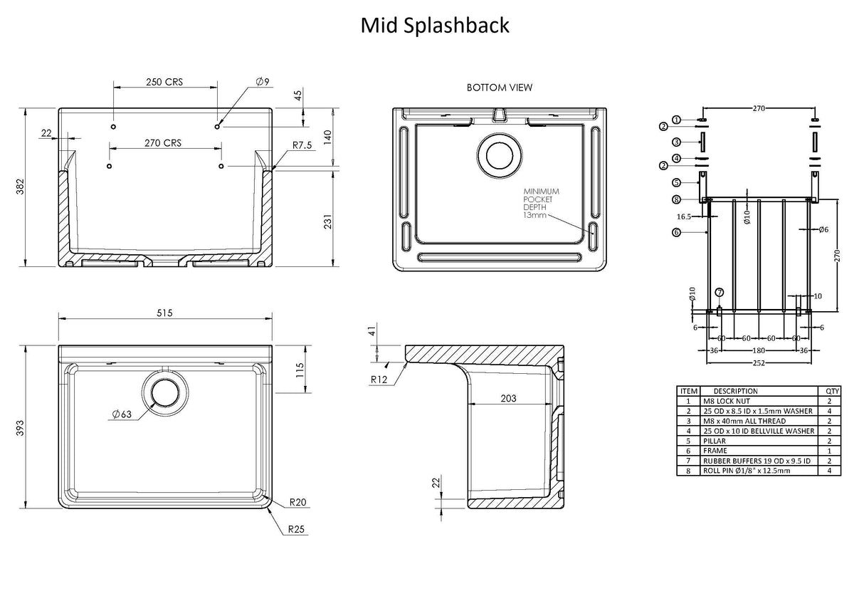 Single Bowl Fireclay Ceramic Cleaner Sink w.Grid - Multiple Sizes and Accessories