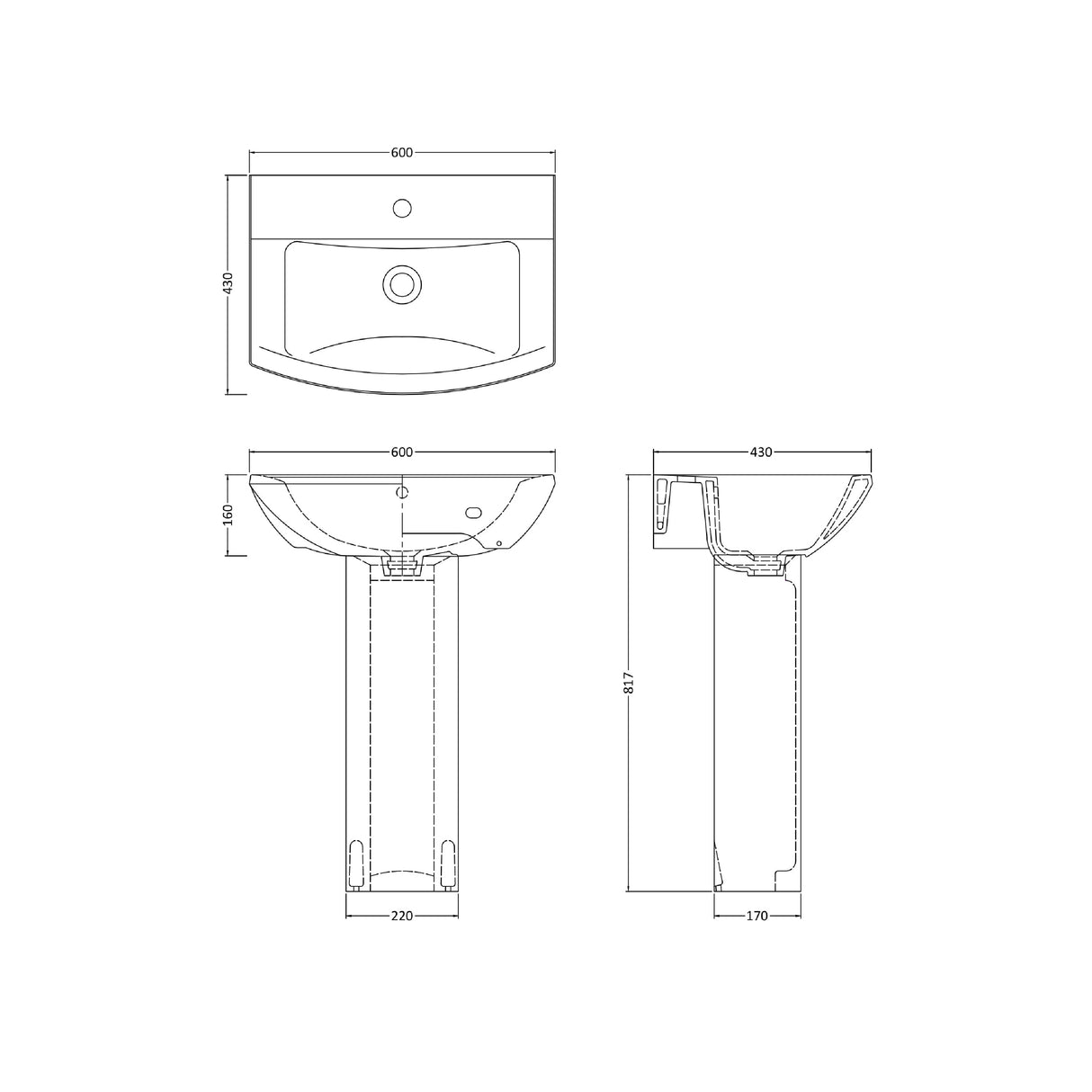 Modern White Square 1 Tap Hole Bathroom Basin & Full Pedestal – 600mm