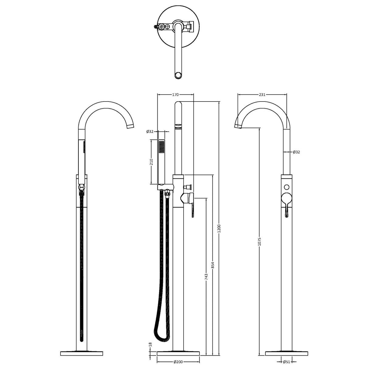 Connect Floor Standing Bath Shower Mixer Tap with Shower Kit - Choice of Colour